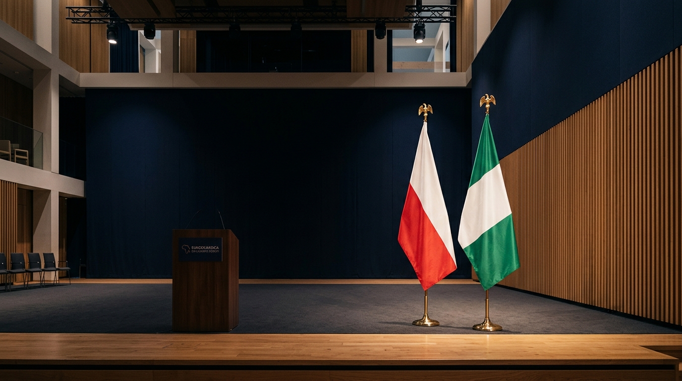 Standing national flags of Poland and Nigeria at the bilateral economic forum